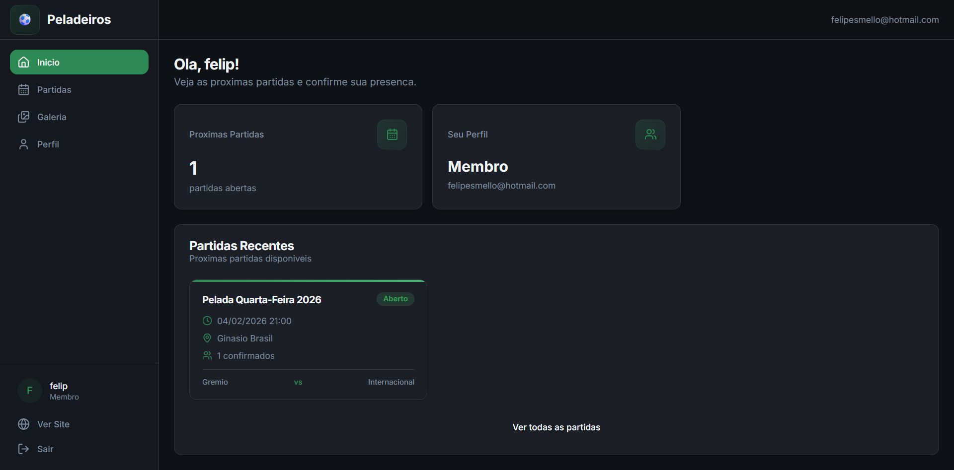Organização de partidas, presenças e times